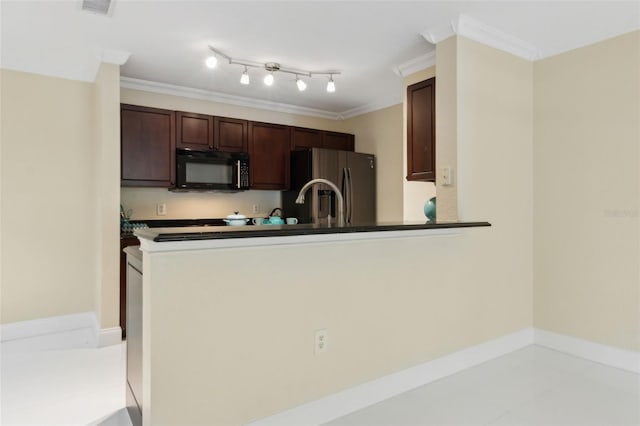 5467 Vineland Rd Unit 6110, Orlando, FL 32811 - kitchen with black microwave, stainless steel fridge, ornamental molding, dark brown cabinetry, and a peninsula