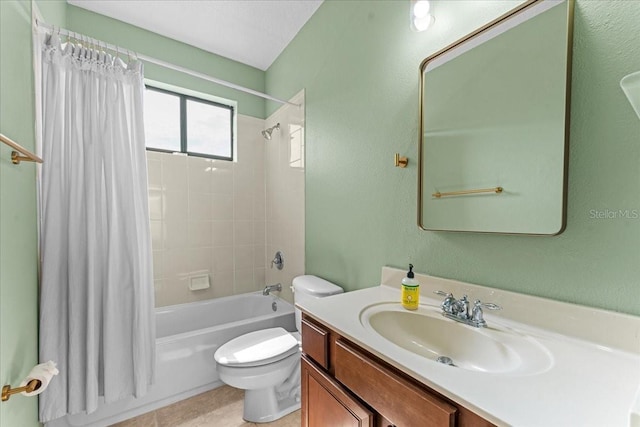 2753 Glenridge Cir, Merritt Island, FL 32953 - bathroom featuring shower / tub combo, toilet, vanity, tile patterned flooring, and a textured wall