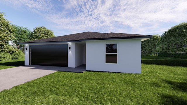 17445 SW 25th Ct, Ocala, FL 34473 - view of front of home with an attached garage, concrete driveway, stucco siding, a front yard, and roof with shingles