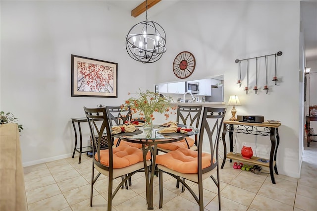 14 Escondido Ct Unit 134, Altamonte Springs, FL 32701 - dining room featuring a towering ceiling, a chandelier, light tile patterned flooring, and beam ceiling