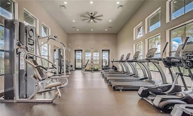 2807 Alder Berry Blvd, Ocoee, FL 34761 - workout area with recessed lighting, ceiling fan, and a towering ceiling