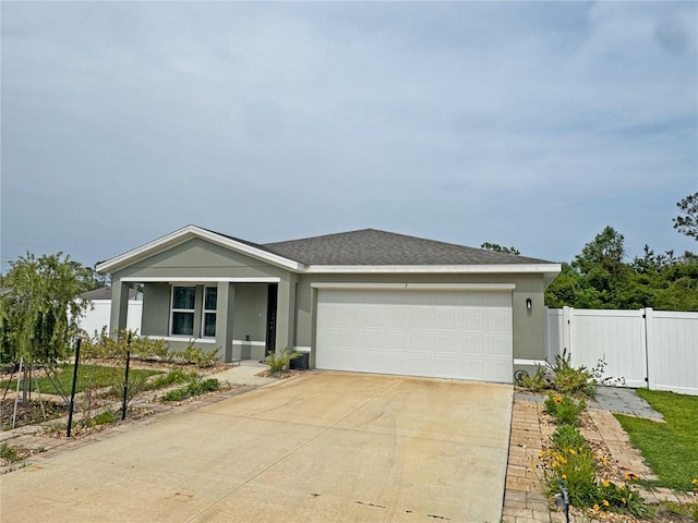 3 Rollins Ln, Palm Coast, FL 32164 - ranch-style house with an attached garage, stucco siding, concrete driveway, and a gate