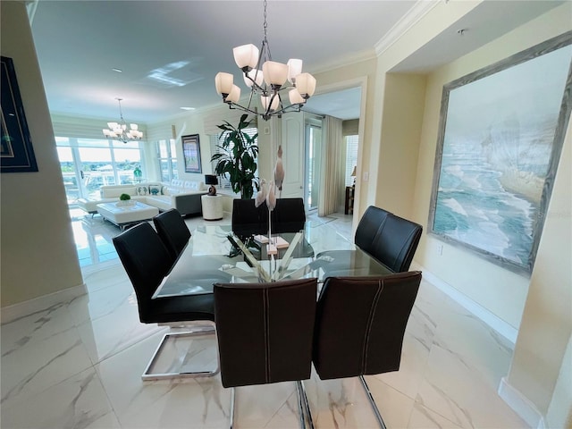 1925 S Atlantic Ave Unit 411, Daytona Beach, FL 32118 - dining space with a chandelier, marble look tiles, crown molding, and baseboards