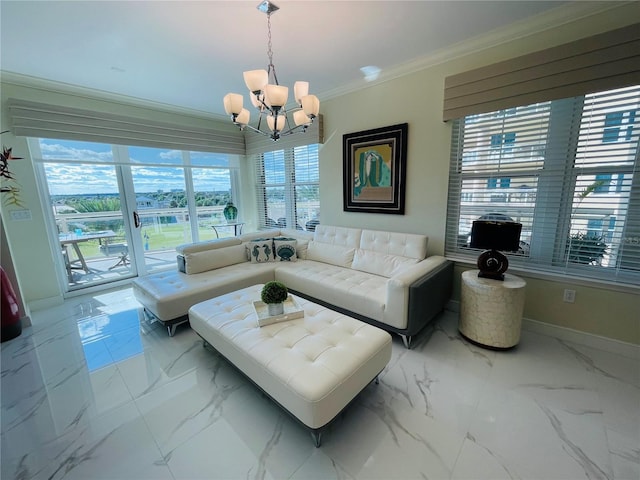 1925 S Atlantic Ave Unit 411, Daytona Beach, FL 32118 - living area with a chandelier, crown molding, marble look tile flooring, and baseboards