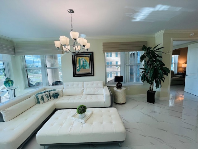 1925 S Atlantic Ave Unit 411, Daytona Beach, FL 32118 - living room with a chandelier, ornamental molding, marble finish flooring, and baseboards
