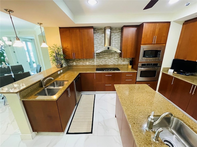 1925 S Atlantic Ave Unit 411, Daytona Beach, FL 32118 - kitchen with stainless steel appliances, wall chimney range hood, light marble finish flooring, a sink, and crown molding