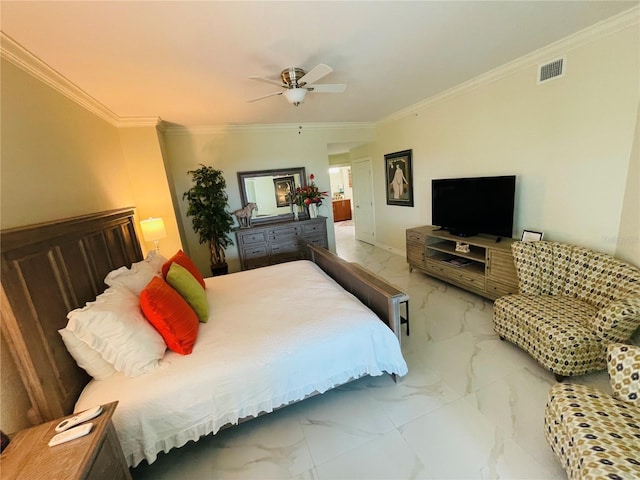 1925 S Atlantic Ave Unit 411, Daytona Beach, FL 32118 - bedroom featuring marble finish floors, ornamental molding, and a ceiling fan