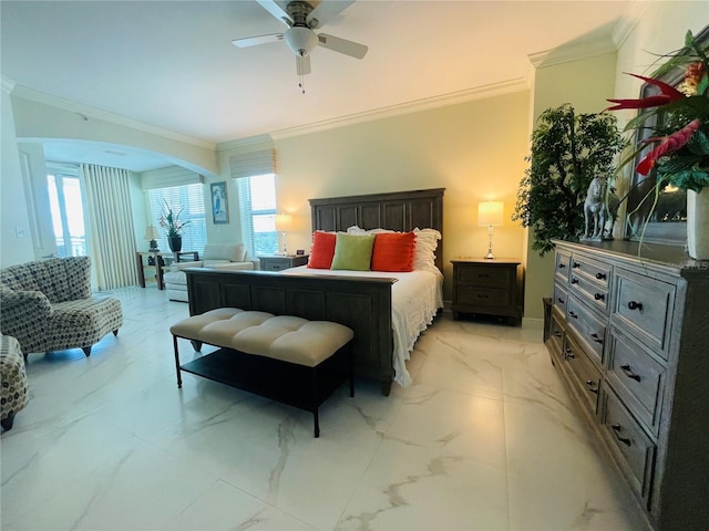 1925 S Atlantic Ave Unit 411, Daytona Beach, FL 32118 - bedroom with light marble finish floors, arched walkways, ornamental molding, and ceiling fan
