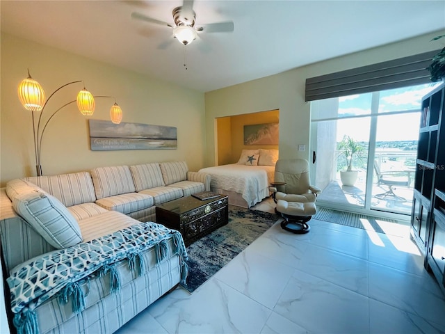 1925 S Atlantic Ave Unit 411, Daytona Beach, FL 32118 - bedroom featuring access to outside, marble look tiles, and a ceiling fan