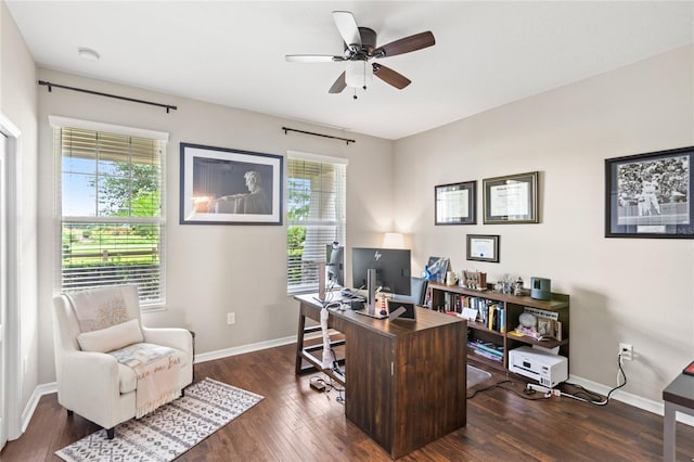 16013 Tollington Aly, Winter Garden, FL 34787 - home office with a ceiling fan, dark wood finished floors, and baseboards