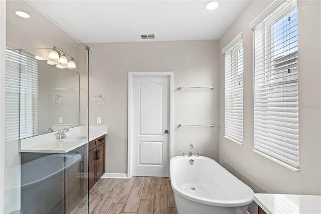 16013 Tollington Aly, Winter Garden, FL 34787 - full bath with a freestanding bath, wood finished floors, vanity, baseboards, and recessed lighting