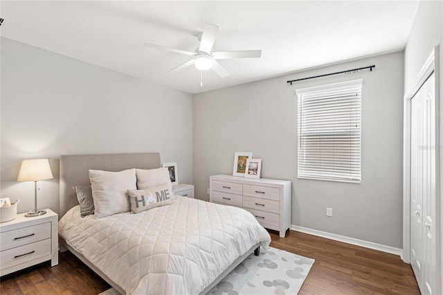 16013 Tollington Aly, Winter Garden, FL 34787 - bedroom with dark wood-style flooring, baseboards, a closet, and a ceiling fan