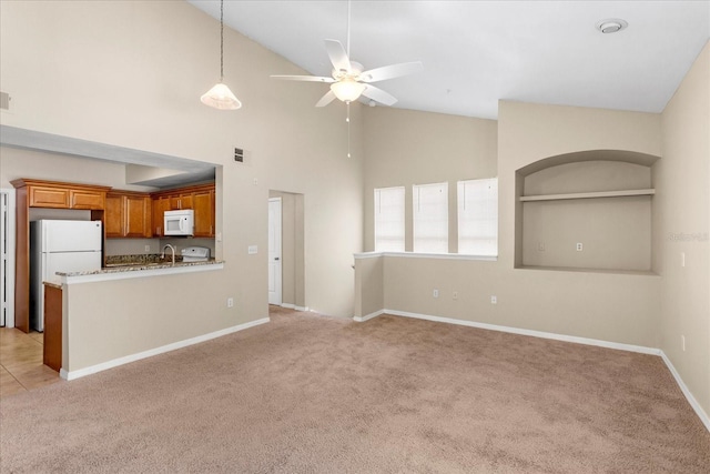1101 Vintage Village Ln Unit 101, Ocoee, FL 34761 - unfurnished living room featuring ceiling fan, light carpet, and high vaulted ceiling