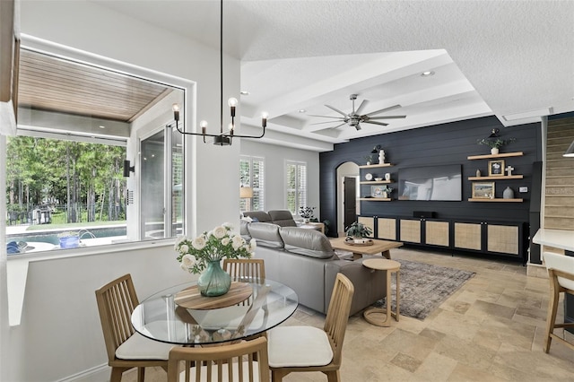 2908 Lee Shore Loop, Orlando, FL 32820 - dining area with a ceiling fan, light stone finish flooring, a chandelier, recessed lighting, and beamed ceiling