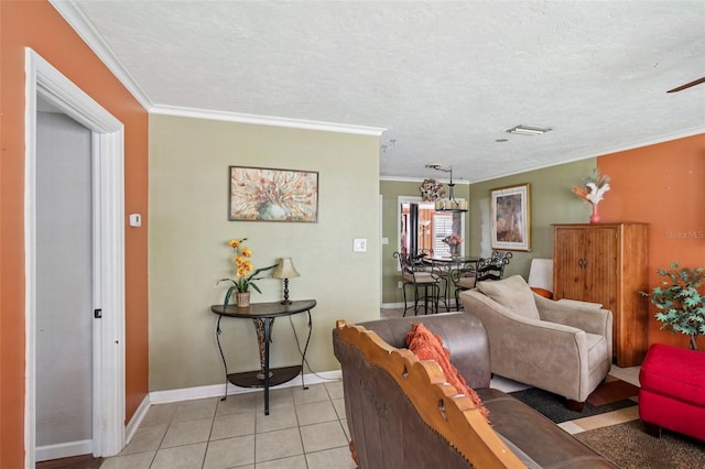 3312 SE 6th St, Ocala, FL 34471 - living area featuring baseboards, ornamental molding, light tile patterned floors, and a textured ceiling
