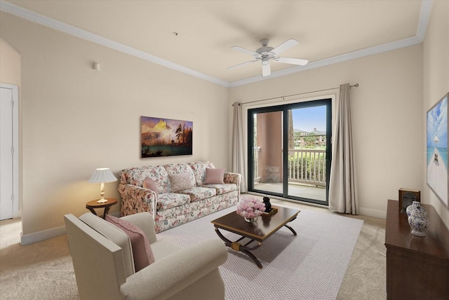 6451 Borasco Dr Unit 1603, Melbourne, FL 32940 - living area with light colored carpet, crown molding, and a ceiling fan