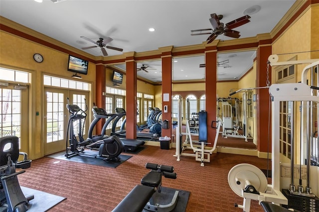 6451 Borasco Dr Unit 1603, Melbourne, FL 32940 - workout area with crown molding, ceiling fan, carpet flooring, and recessed lighting