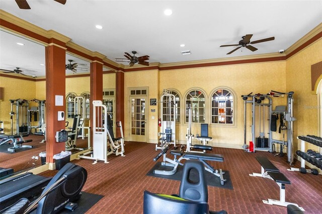 6451 Borasco Dr Unit 1603, Melbourne, FL 32940 - exercise room with ceiling fan, crown molding, french doors, recessed lighting, and carpet flooring