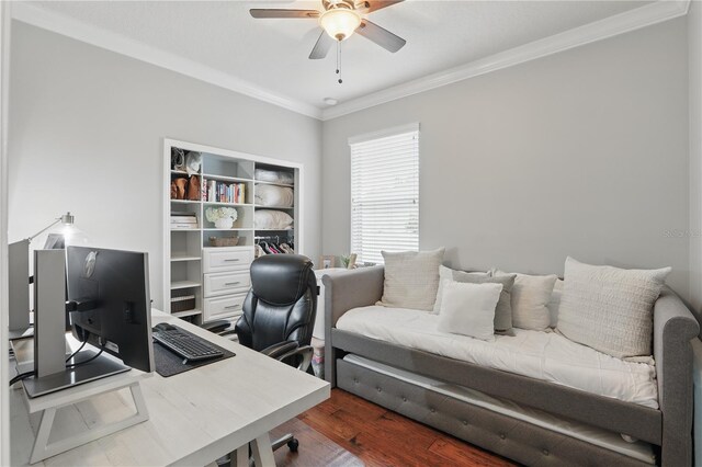 405 Courtlea Park Dr, Winter Garden, FL 34787 - office with crown molding, a ceiling fan, and wood finished floors