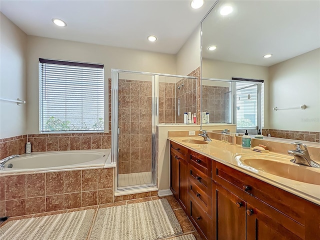 12641 Arley Dr, Windermere, FL 34786 - full bathroom with a bath, a stall shower, double vanity, tile patterned floors, and recessed lighting