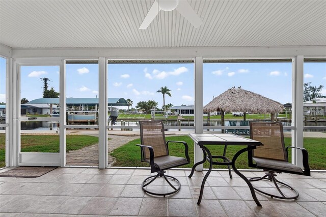24277 Treasure Island Blvd, Punta Gorda, FL 33955 - sunroom featuring a water view, ceiling fan, and a residential view