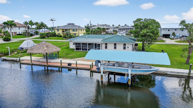 24277 Treasure Island Blvd, Punta Gorda, FL 33955 - dock with boat lift, a residential view, a water view, and a gazebo
