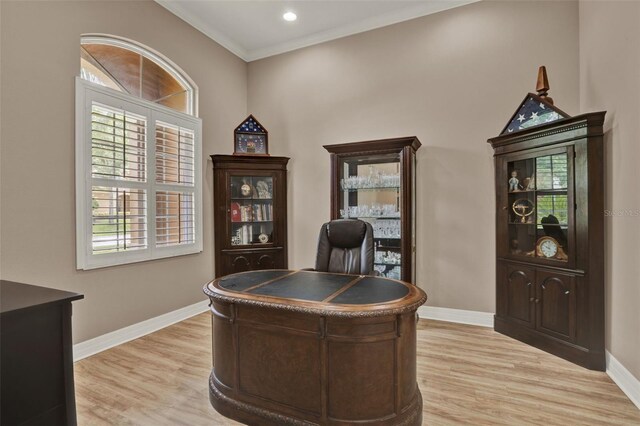 2313 Pesaro Cir, Ocoee, FL 34761 - office featuring baseboards, plenty of natural light, light wood finished floors, and ornamental molding