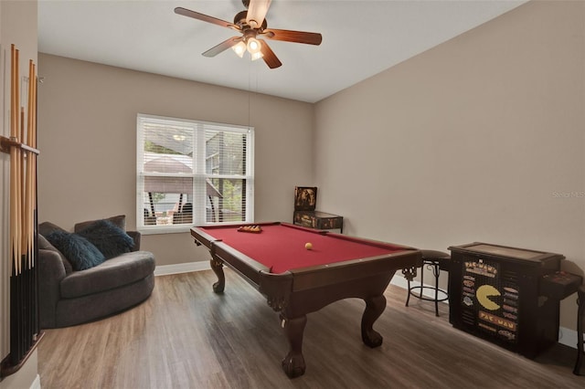 2313 Pesaro Cir, Ocoee, FL 34761 - game room featuring wood finished floors, ceiling fan, billiards table, and baseboards