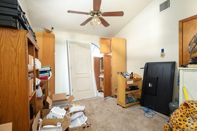 4933 Round Lake Rd, Apopka, FL 32712 - bedroom with vaulted ceiling, light colored carpet, and a ceiling fan