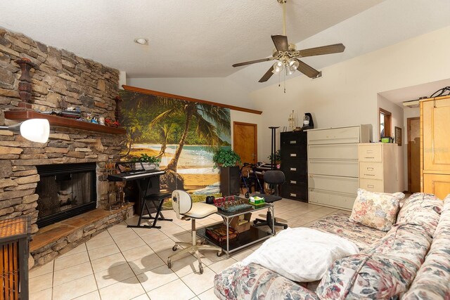 4933 Round Lake Rd, Apopka, FL 32712 - living area with lofted ceiling, light tile patterned flooring, a ceiling fan, a fireplace, and a textured ceiling