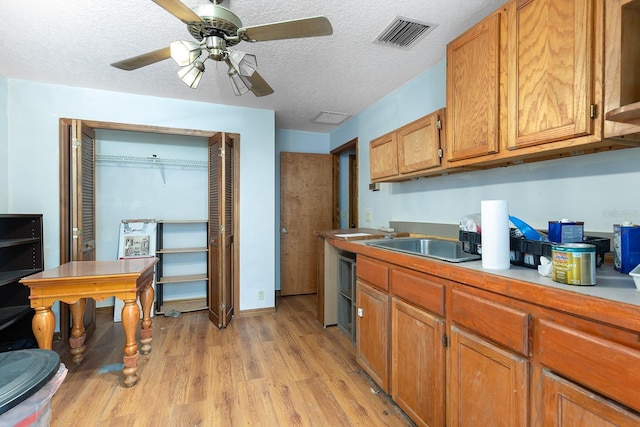 4933 Round Lake Rd, Apopka, FL 32712 - kitchen with light wood-type flooring, a sink, ceiling fan, brown cabinetry, and a textured ceiling