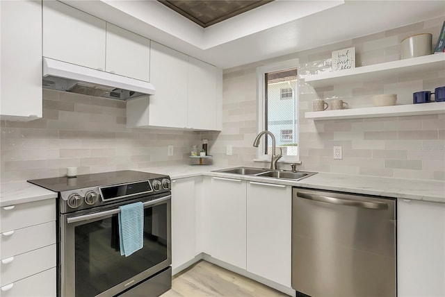 563 Midway Trak Unit K102, Ocala, FL 34472 - kitchen with stainless steel appliances, under cabinet range hood, a sink, white cabinets, and backsplash