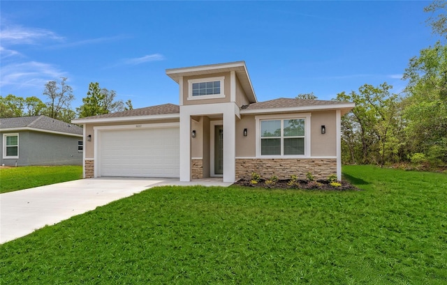16357 SE 88th Ct, Summerfield, FL 34491 - prairie-style house with stone siding, stucco siding, and driveway