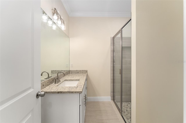 16357 SE 88th Ct, Summerfield, FL 34491 - full bathroom with vanity, crown molding, a shower stall, baseboards, and wood finished floors