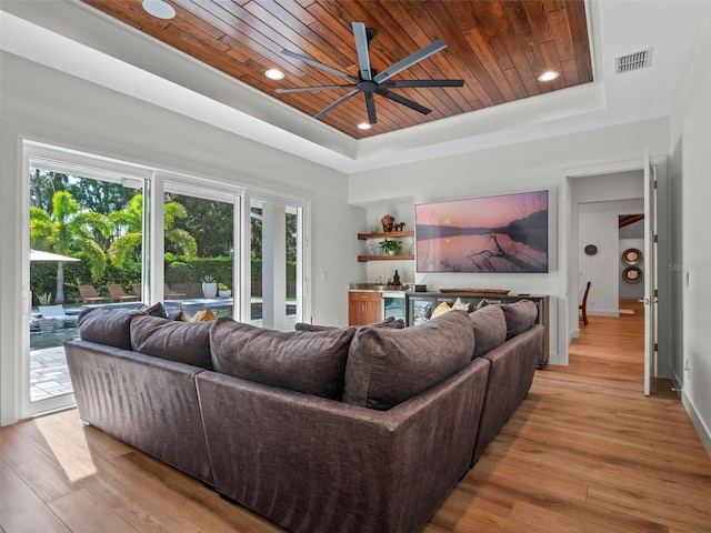 340 Lakeview Rd, Winter Garden, FL 34787 - living area with a raised ceiling, a ceiling fan, wood ceiling, light wood-type flooring, and bar