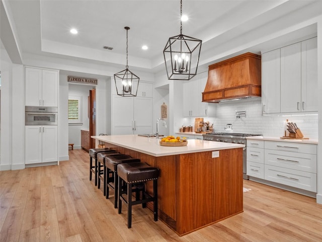 340 Lakeview Rd, Winter Garden, FL 34787 - kitchen featuring premium range hood, appliances with stainless steel finishes, a tray ceiling, a chandelier, and light countertops