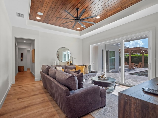 340 Lakeview Rd, Winter Garden, FL 34787 - living area with a raised ceiling, ceiling fan, light wood finished floors, wood ceiling, and recessed lighting