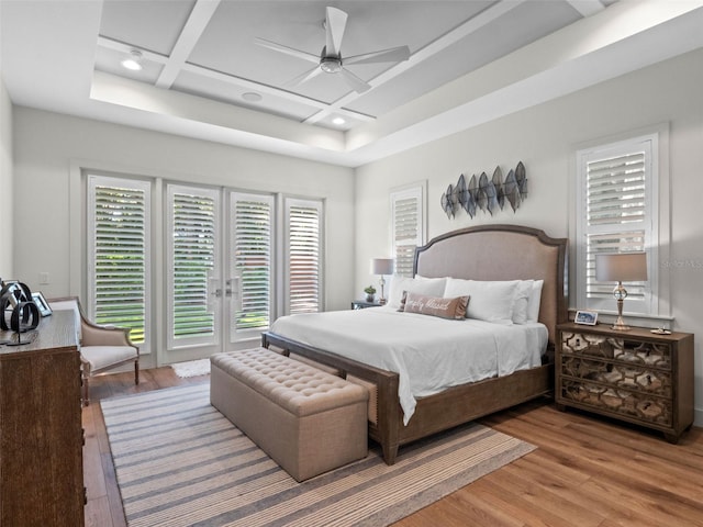 340 Lakeview Rd, Winter Garden, FL 34787 - bedroom with light wood-type flooring, access to exterior, coffered ceiling, recessed lighting, and a ceiling fan