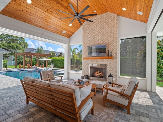 340 Lakeview Rd, Winter Garden, FL 34787 - view of patio / terrace featuring an outdoor living space with a fireplace and a ceiling fan