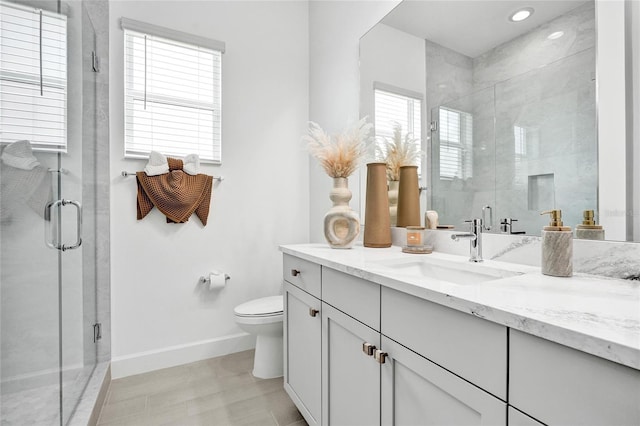 5609 Zestar Ln, Loxahatchee, FL 33470 - full bathroom with baseboards, vanity, toilet, a shower stall, and recessed lighting