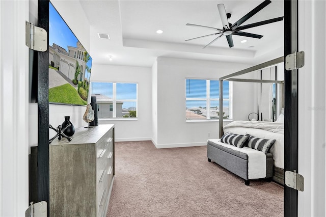5609 Zestar Ln, Loxahatchee, FL 33470 - bedroom featuring carpet floors, baseboards, recessed lighting, a raised ceiling, and ceiling fan