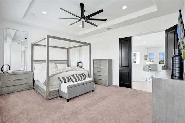 5609 Zestar Ln, Loxahatchee, FL 33470 - carpeted bedroom with a raised ceiling, recessed lighting, and ceiling fan