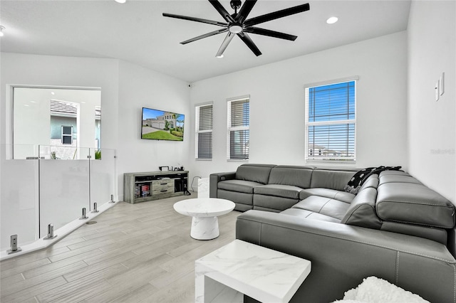 5609 Zestar Ln, Loxahatchee, FL 33470 - living room with a ceiling fan, light wood-style flooring, and recessed lighting