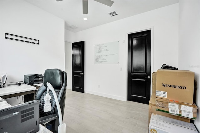 5609 Zestar Ln, Loxahatchee, FL 33470 - office featuring light wood-style floors, a ceiling fan, baseboards, and recessed lighting