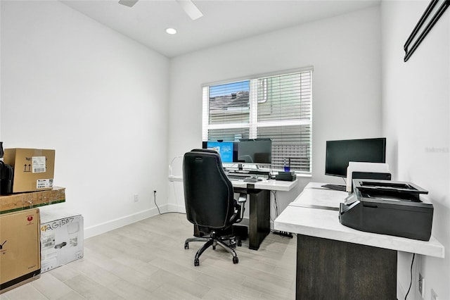 5609 Zestar Ln, Loxahatchee, FL 33470 - office featuring light wood-type flooring, ceiling fan, recessed lighting, and baseboards