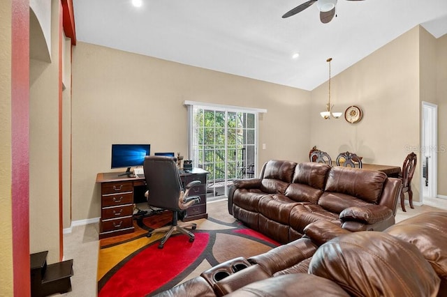 1321 Arbor Vista Loop Unit 301, Lake Mary, FL 32746 - office with lofted ceiling, carpet flooring, a ceiling fan, a chandelier, and recessed lighting