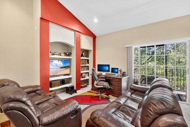 1321 Arbor Vista Loop Unit 301, Lake Mary, FL 32746 - office area featuring built in shelves, vaulted ceiling, and carpet floors