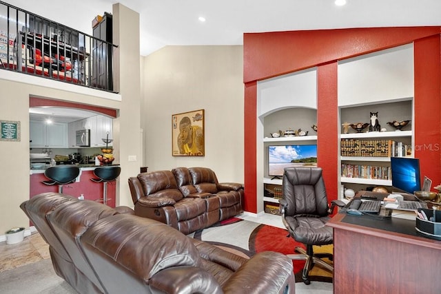 1321 Arbor Vista Loop Unit 301, Lake Mary, FL 32746 - living room with built in features, recessed lighting, and high vaulted ceiling