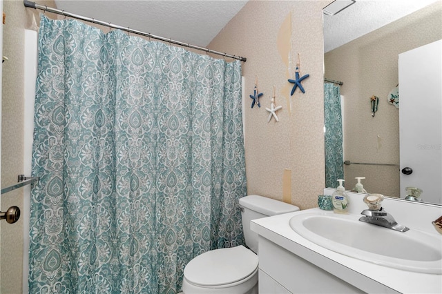 40533 E 8th Ave, Umatilla, FL 32784 - bathroom with a textured ceiling, vanity, and a shower with shower curtain