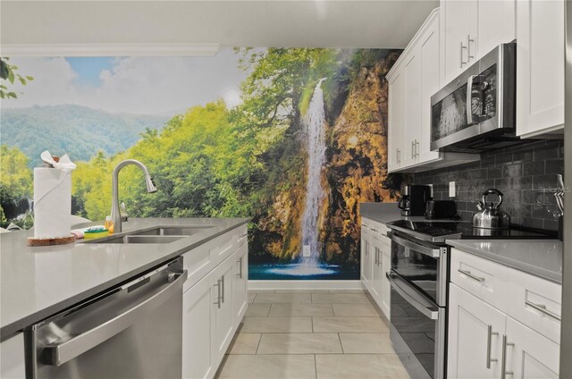 4363 Scene Ln, Kissimmee, FL 34746 - kitchen with appliances with stainless steel finishes, a sink, a mountain view, tasteful backsplash, and white cabinets